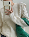 White Textured Knit Sweater with Layered Look