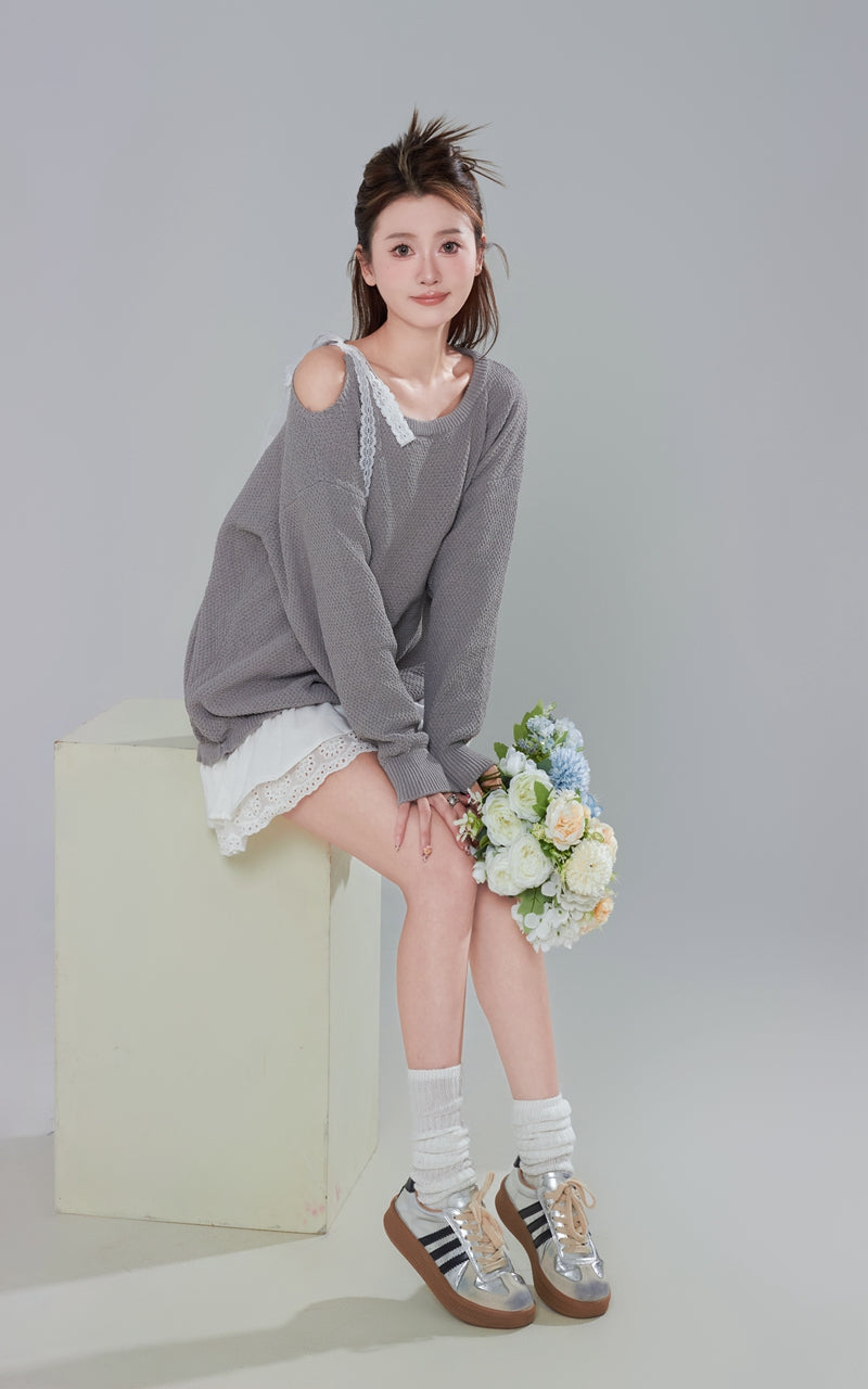 Off-Shoulder Lace Patchwork Knit Dress