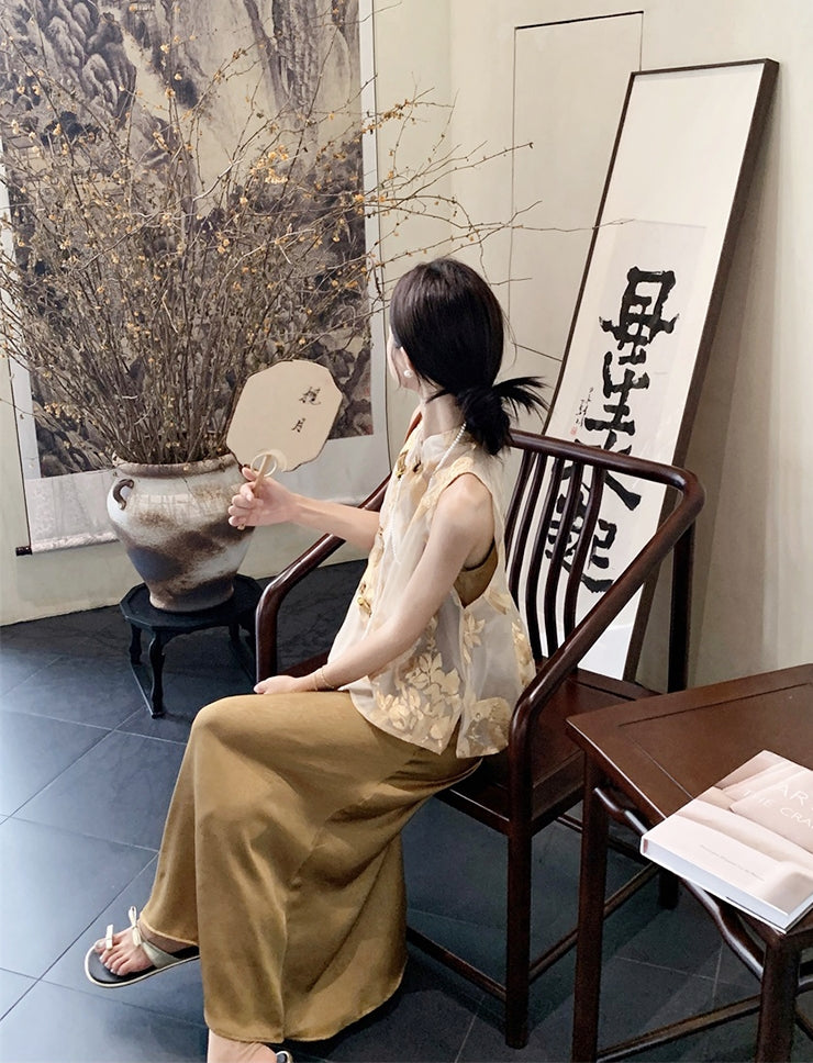 New Chinese Style Zen 2-Piece Set with Stand Collar Embroidered Top + Cami Dress