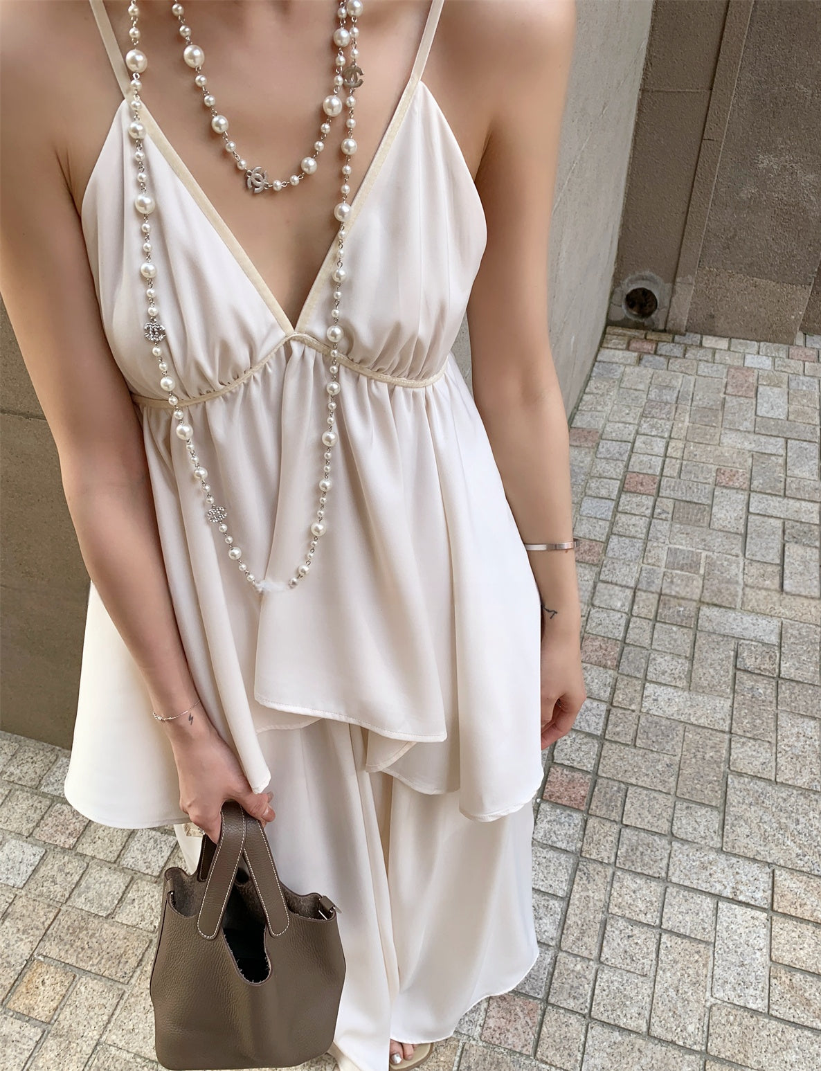 Soft White Tea Satin Deep V-Neck Camisole