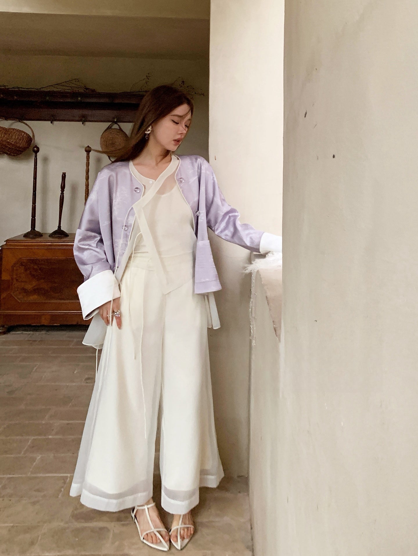 Vintage Chinese-Style Flowing Double-Layer Gauze Nine-Point Wide-Leg Culottes