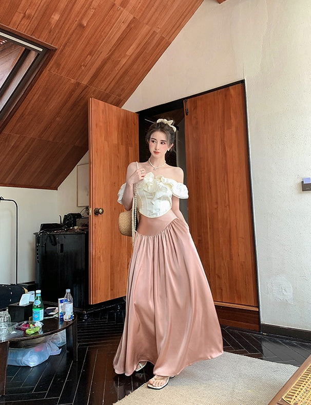 Satin Long Skirt + Line Neck Top