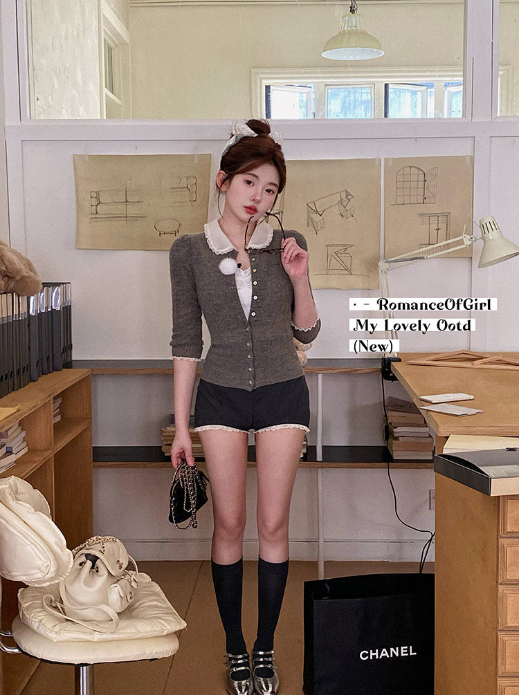 Doll Collar Slim-Fit Knit Cardigan with Mid Sleeves