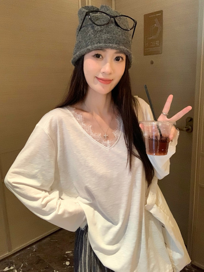 High-GSM cotton-feel V-neck tee with elegant lace trim.