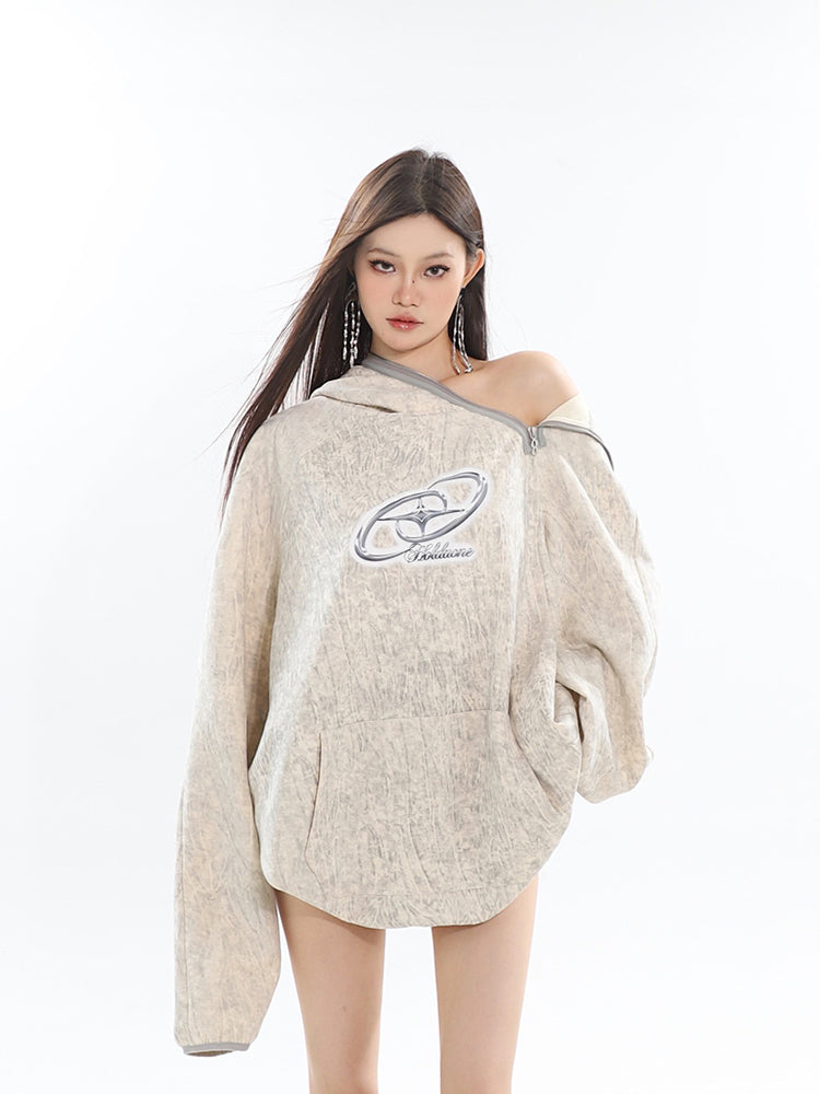 Spring/Summer New Arrival Unique Asymmetric Zipper Off-Shoulder Sweatshirt