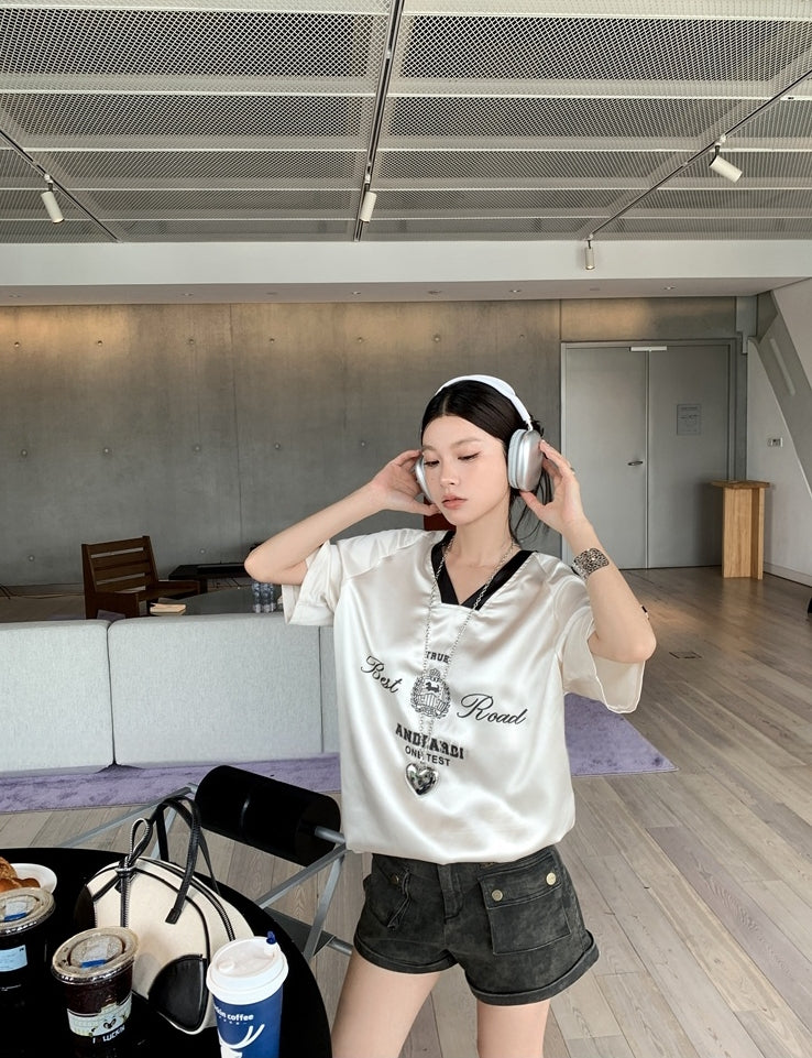 Black and White Lettering Color-Block Satin T-Shirt
