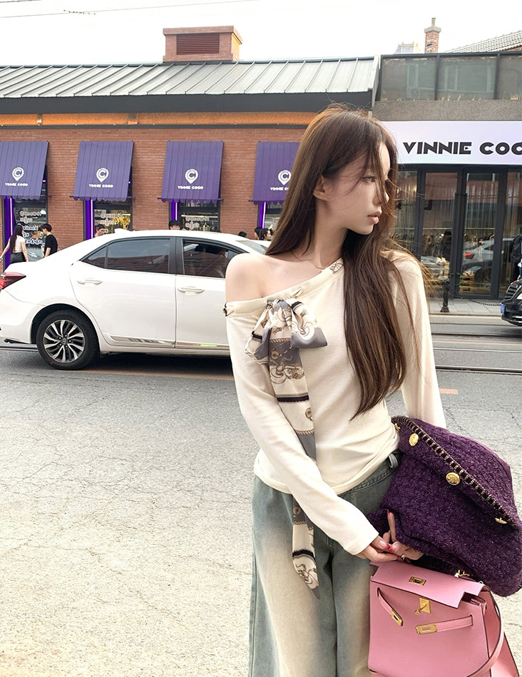 Asymmetrical Shoulder Fitted Tie Scarf Top