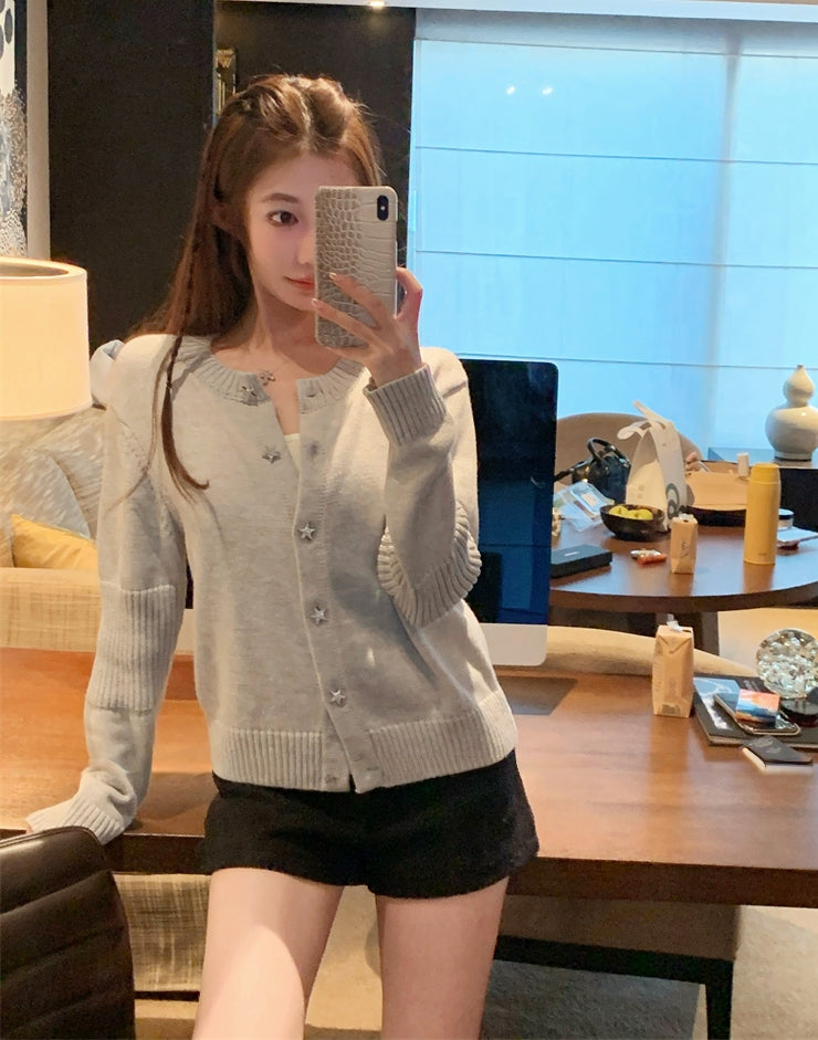 Custom Star-Shaped Rhinestone Button Knit Cardigan