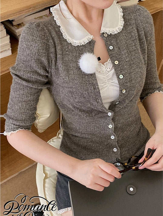 Doll Collar Slim-Fit Knit Cardigan with Mid Sleeves