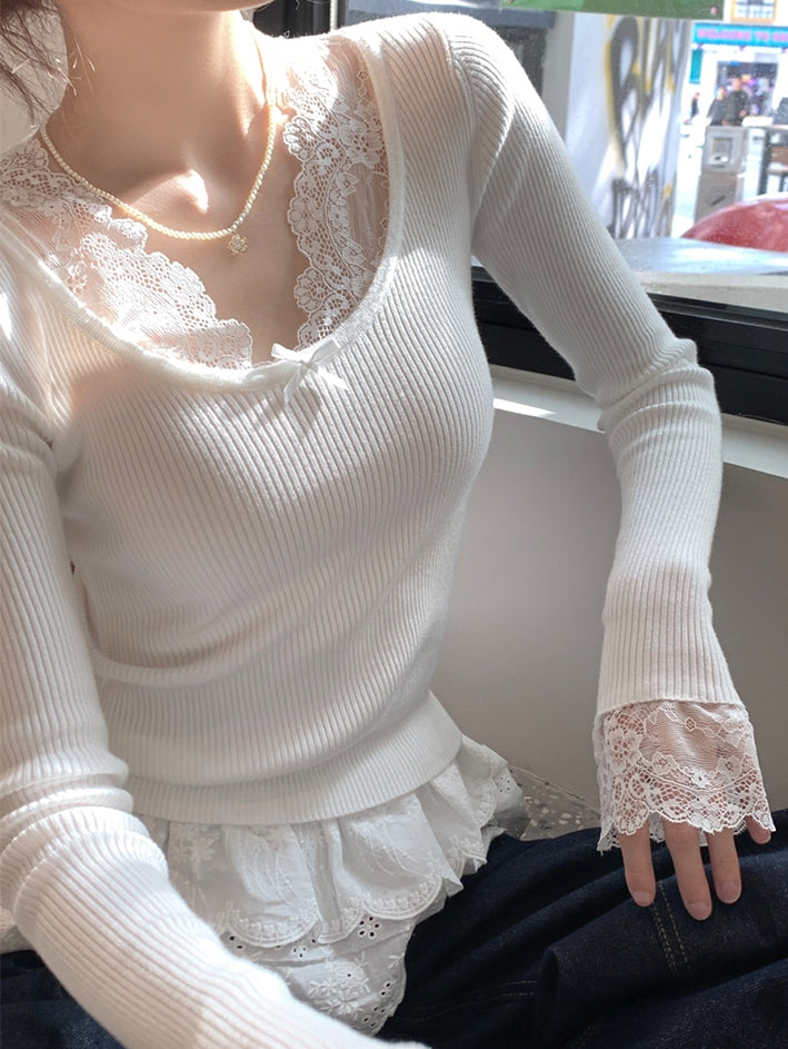 Delicate Lace Patchwork Fitted Knit Top