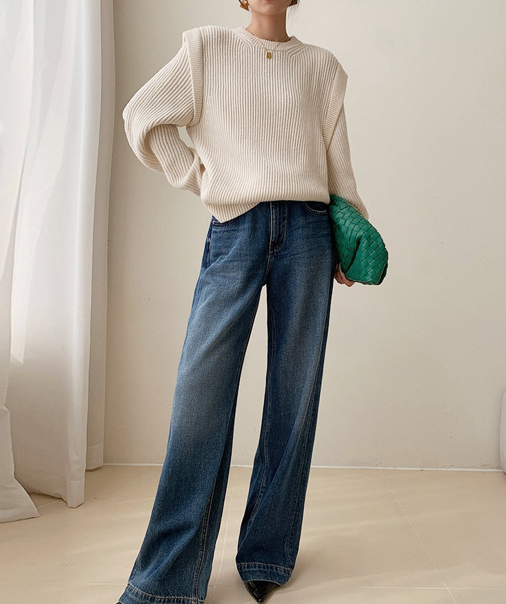 White Textured Knit Sweater with Layered Look