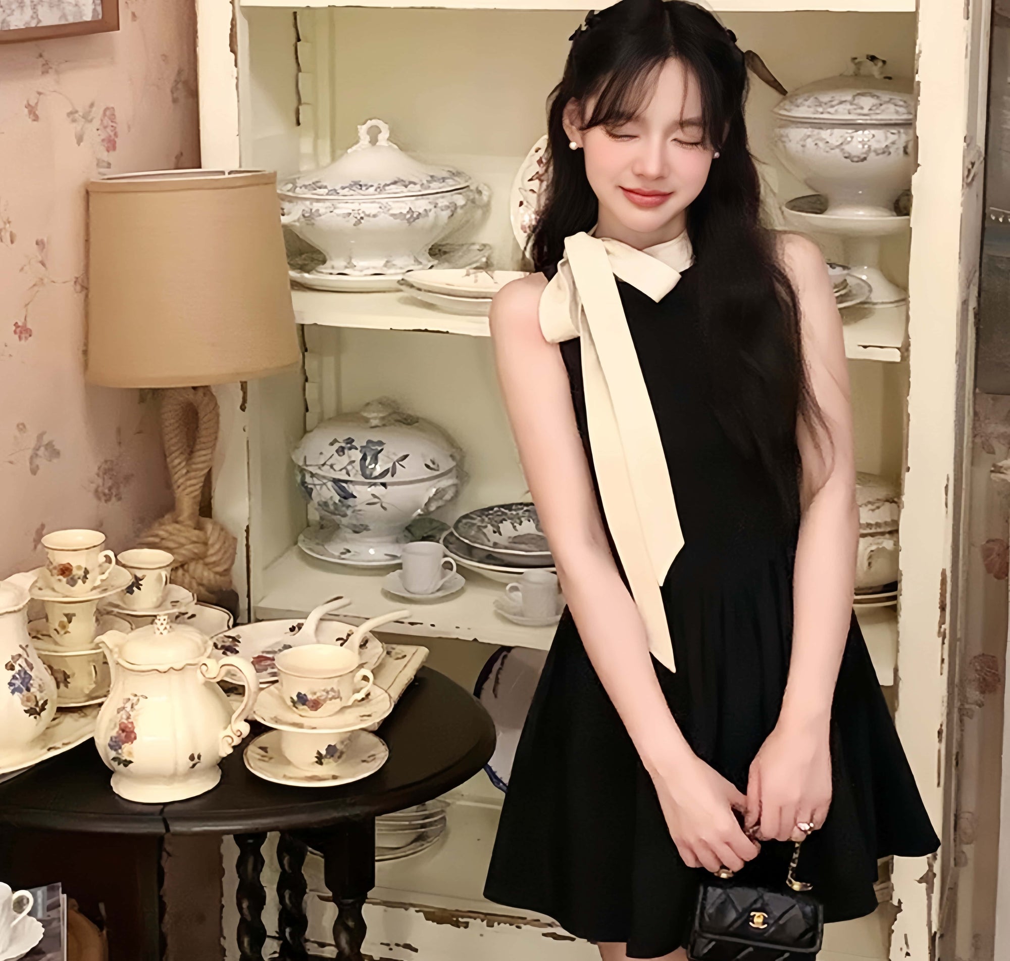 Vintage Hepburn-Style Slim Dress with Oversized Bow