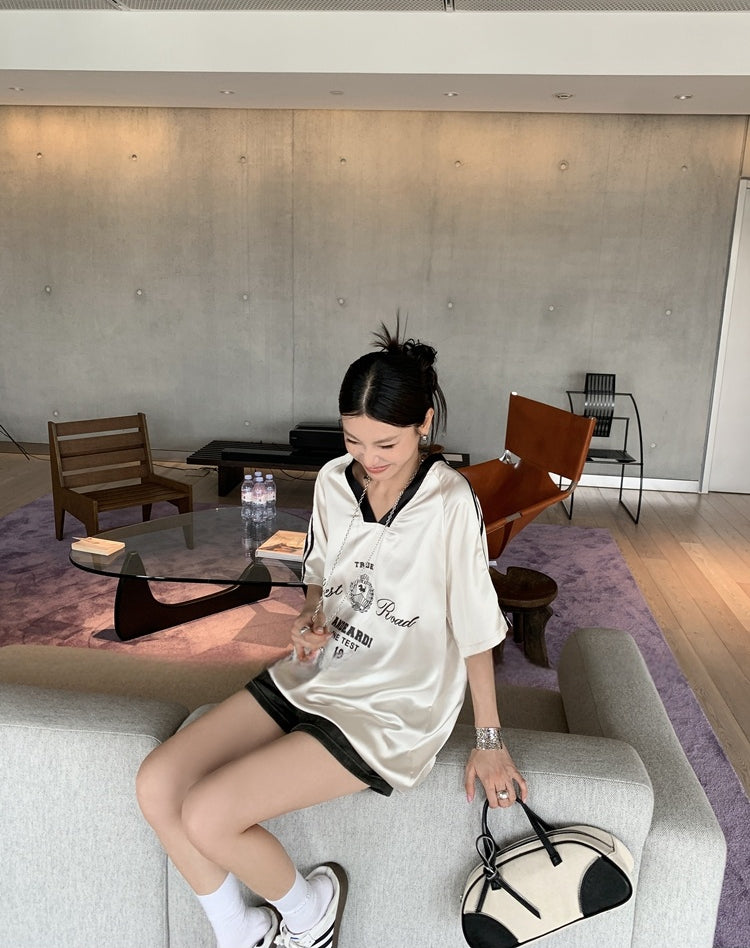Black and White Lettering Color-Block Satin T-Shirt