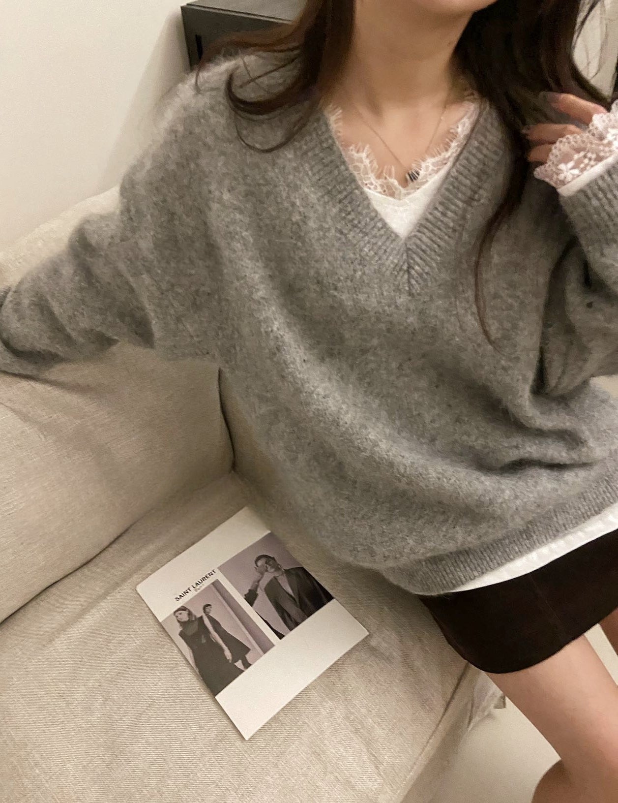High-GSM cotton-feel V-neck tee with elegant lace trim.