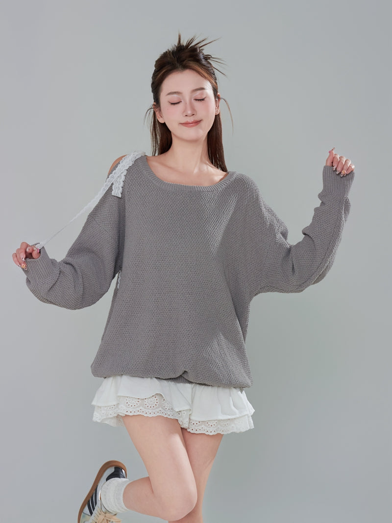 Off-Shoulder Lace Patchwork Knit Dress