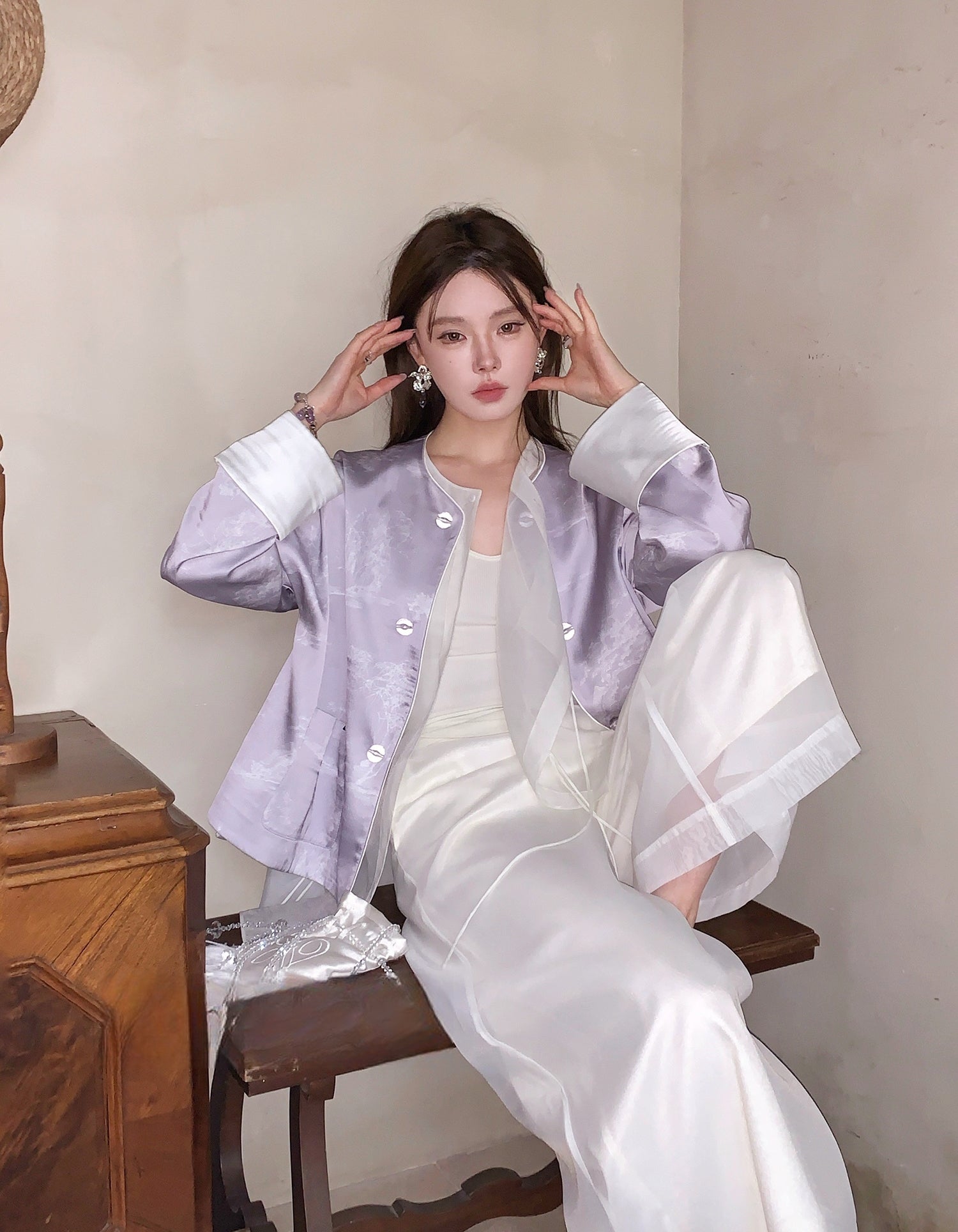Vintage Chinese-Style Flowing Double-Layer Gauze Nine-Point Wide-Leg Culottes