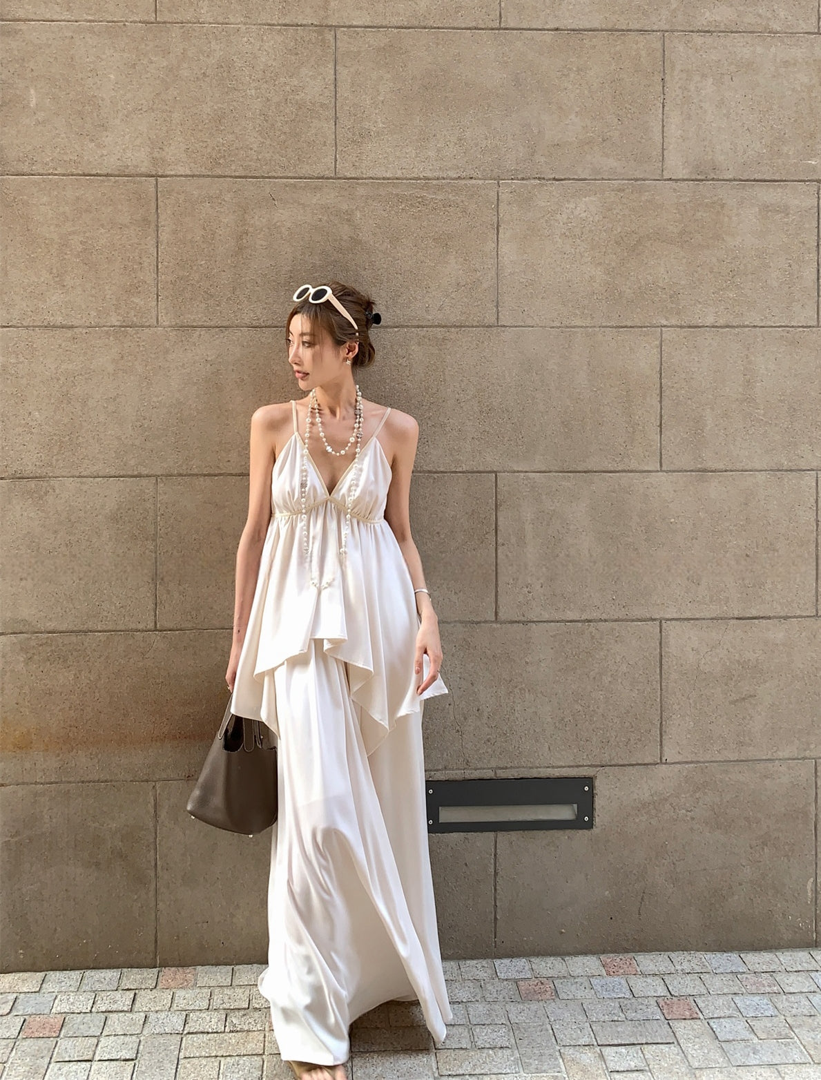 Soft White Tea Satin Deep V-Neck Camisole