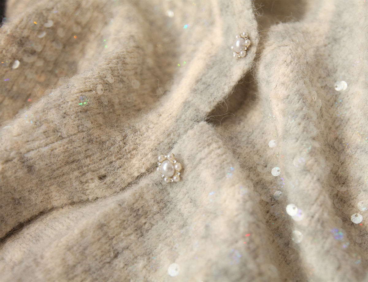 French-Style Sequin V-Neck Gray Knit Cardigan