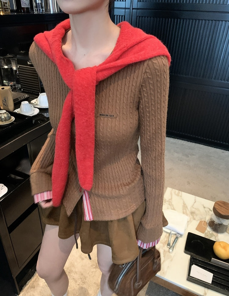 Vintage Maillard Contrast Faux Two-Piece Slimming Cable Knit Cardigan