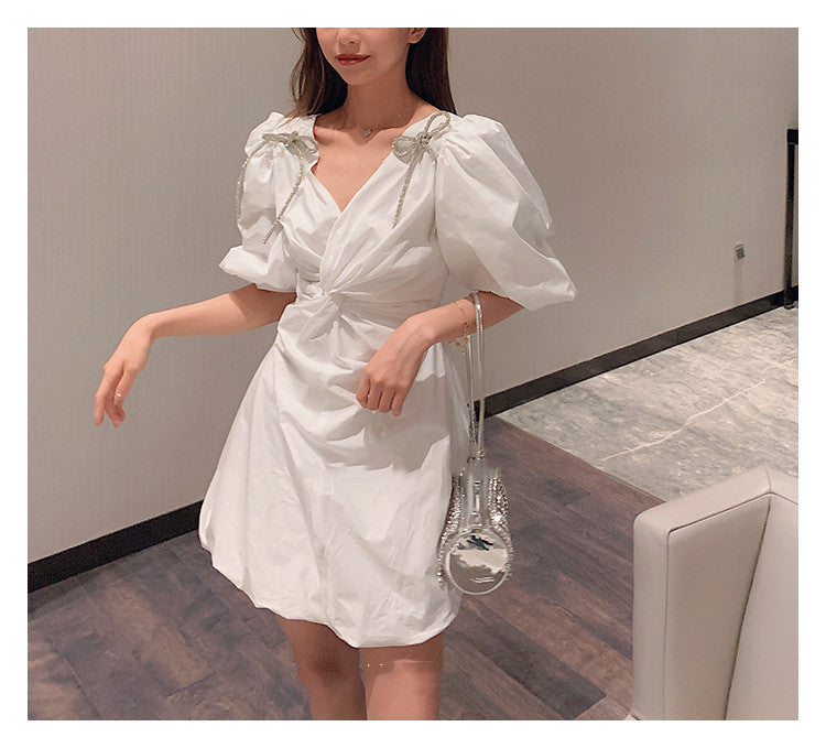 Detachable Bow Bubble Sleeve Dress