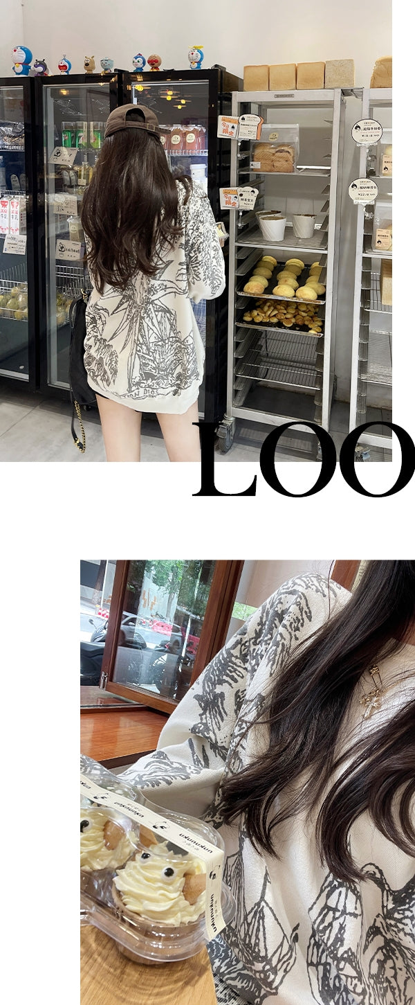 Lazy Style Printed Round Neck Knit Sweater
