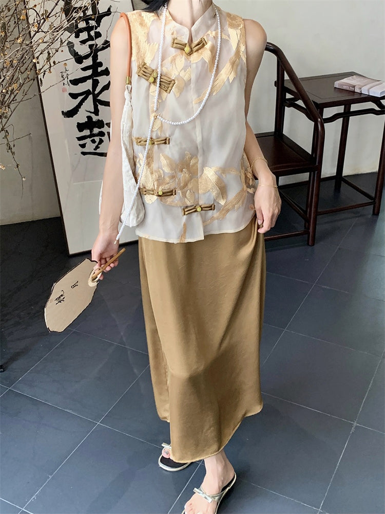 New Chinese Style Zen 2-Piece Set with Stand Collar Embroidered Top + Cami Dress