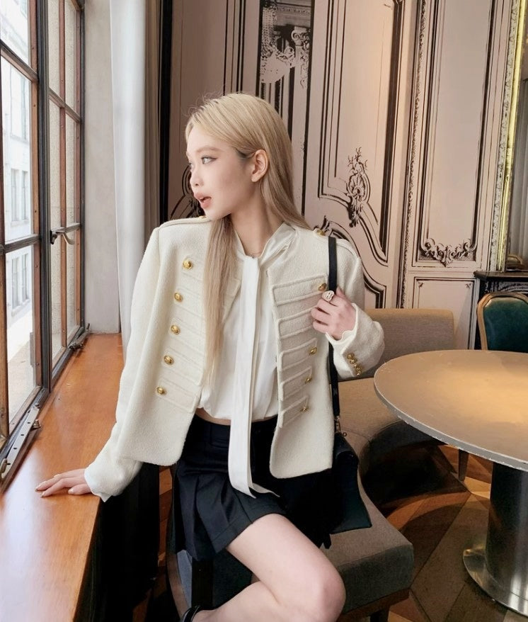 Knight Military Style Double-Breasted Gold Button Tweed Jacket