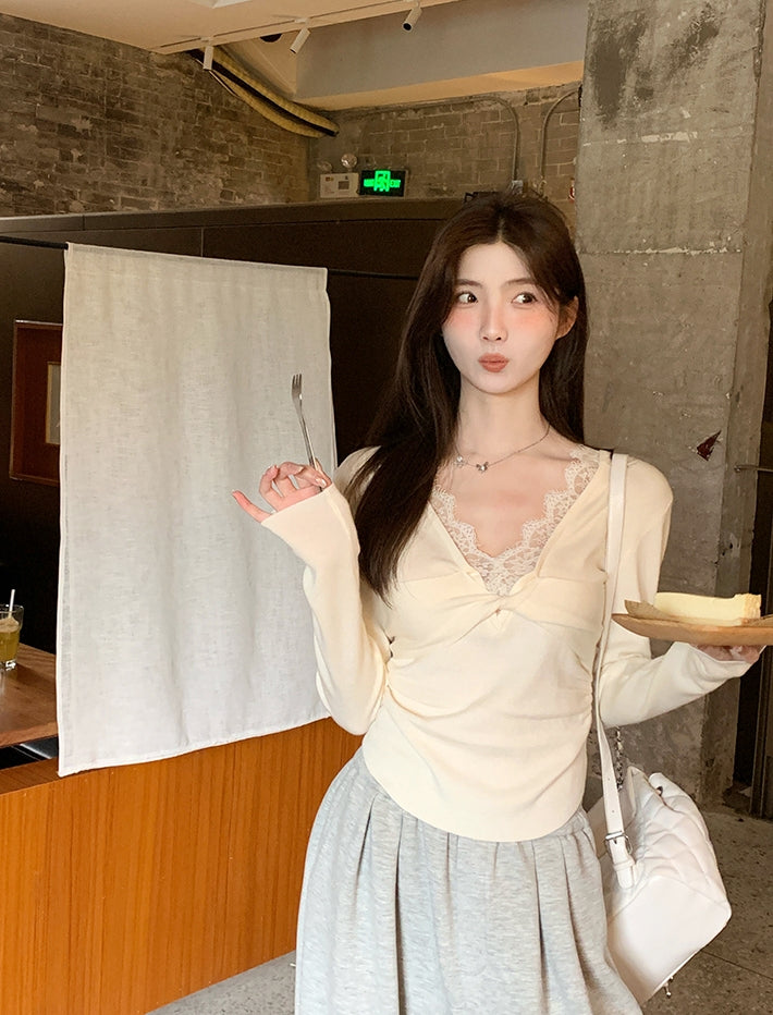 V-Neck Lace Spliced Pure Desire Knit Top