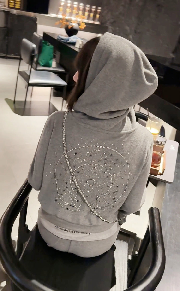 Luxury Rhinestone Cross Velvet Tracksuit（3-Piece Set）