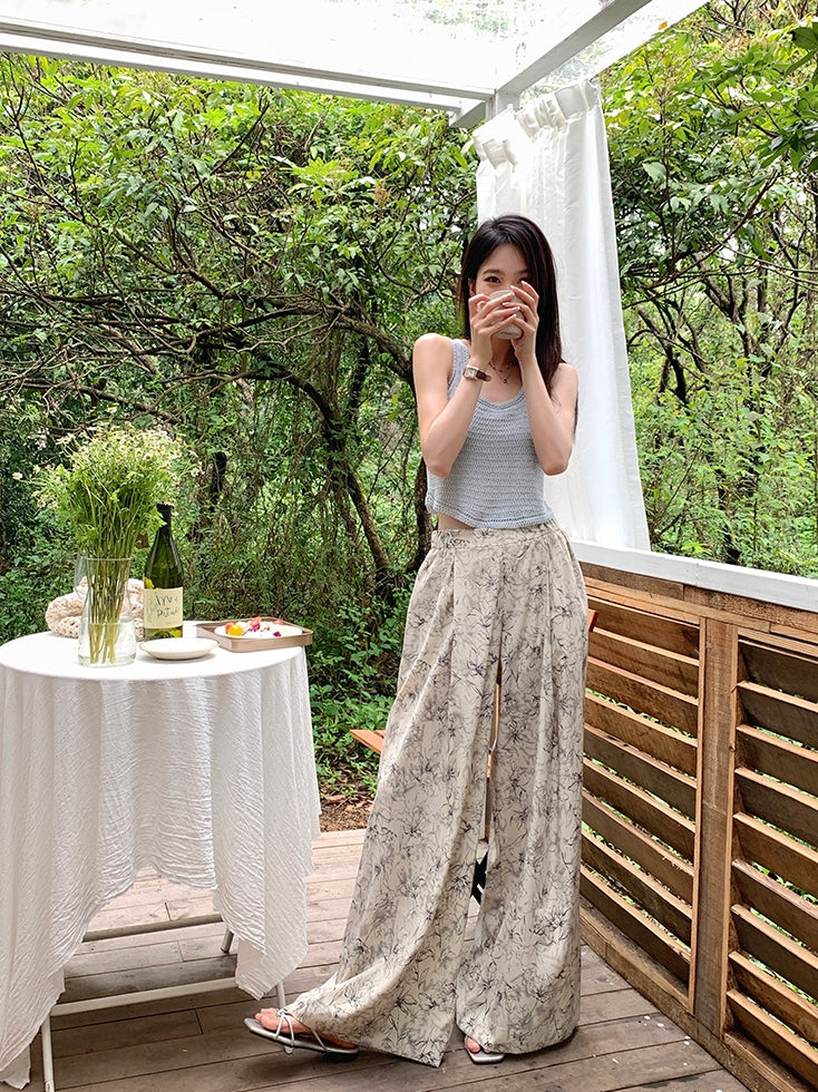 Summer Ink Print Wide-Leg Pants