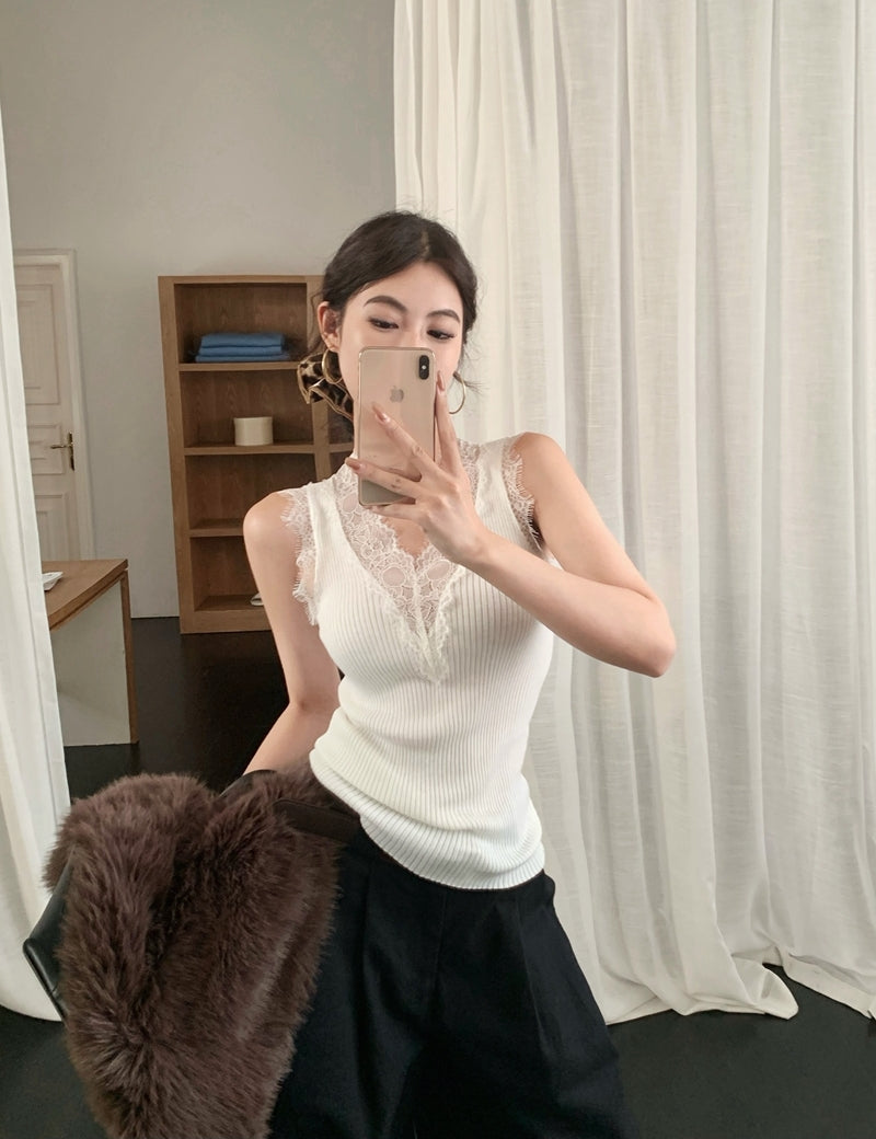 Lace Patchwork Knit Tank Top