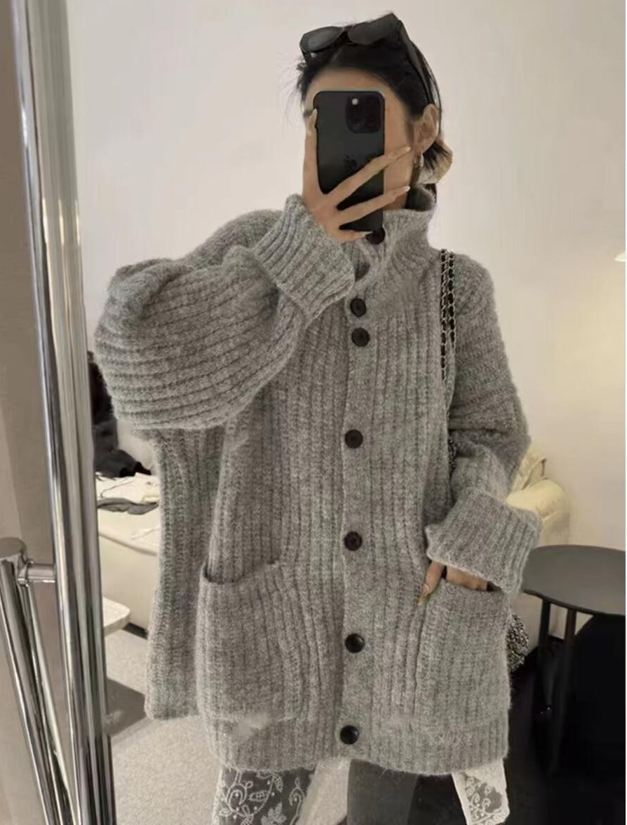 Korean-style wool knit cardigan with a relaxed, stylish design