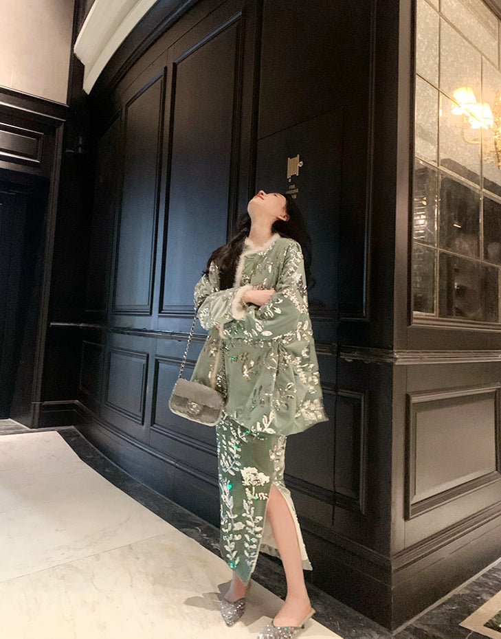 Light Luxury New Chinese-Style Velvet Sequin Midi Skirt