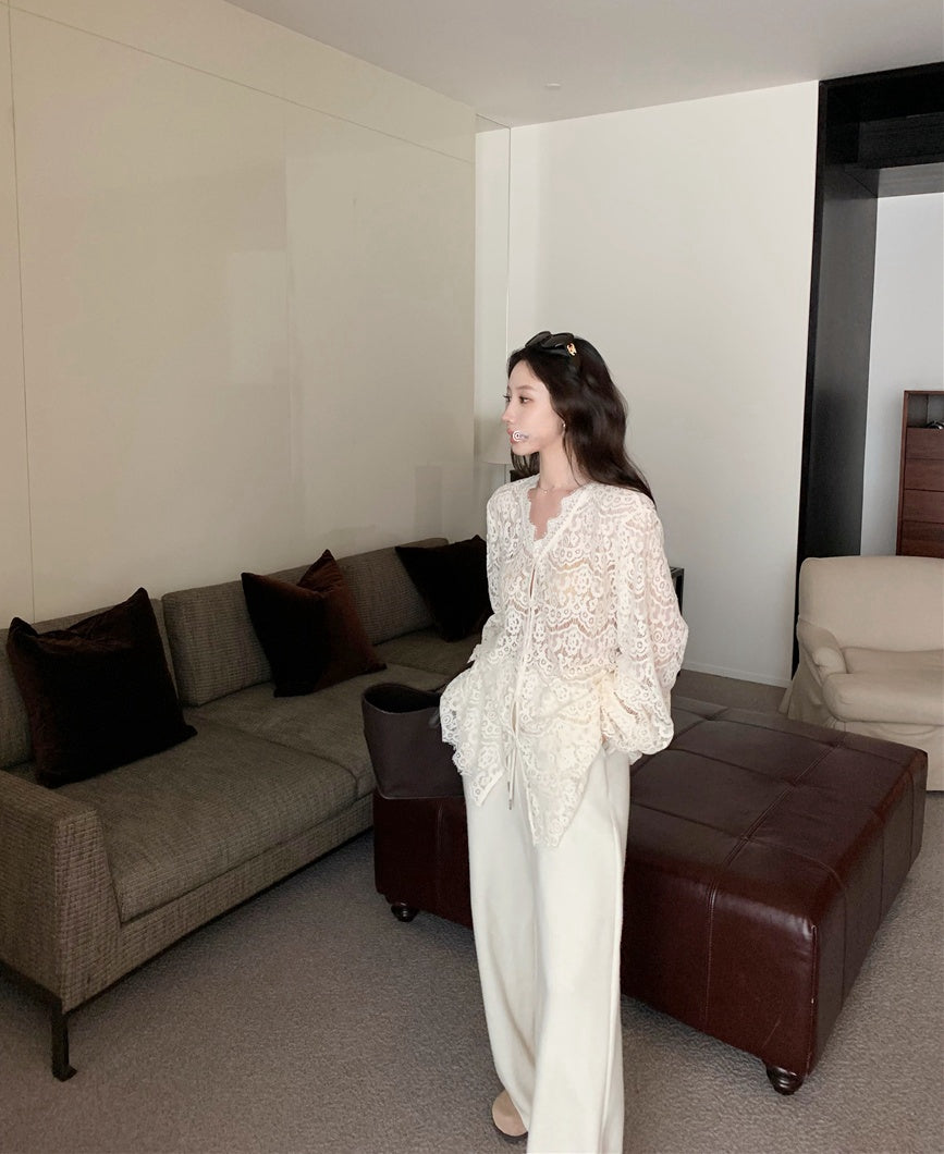 Embroidered Lace Hollow-Out Flare Sleeve Sunscreen Top
