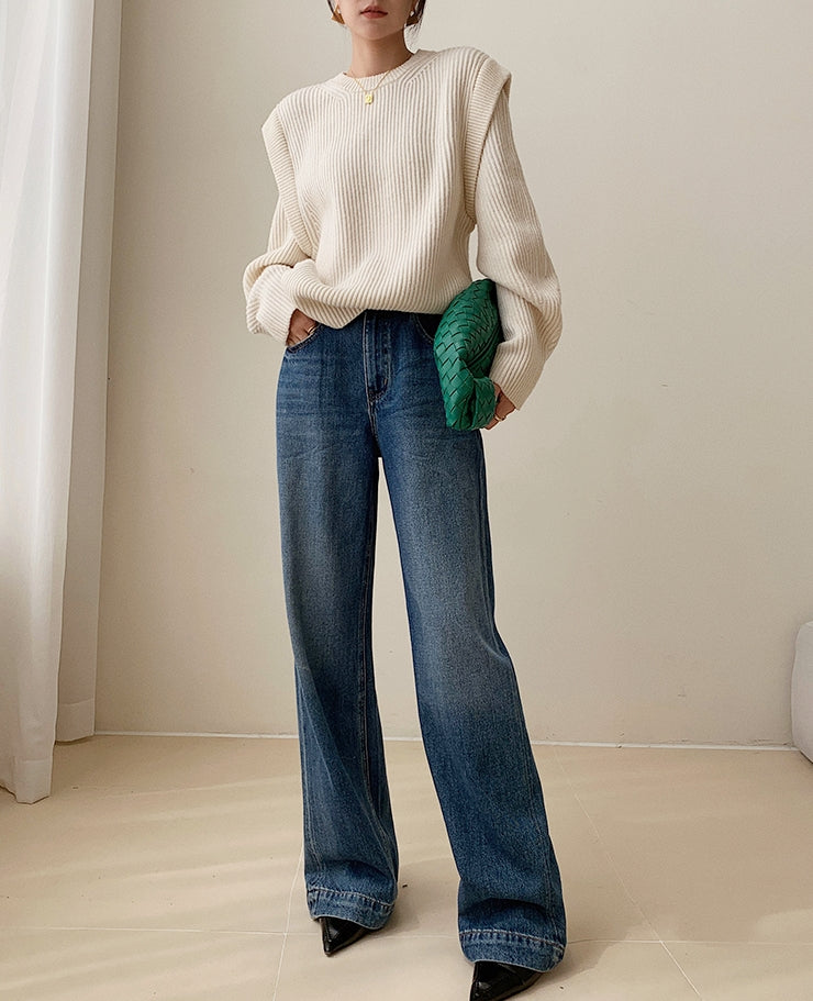 White Textured Knit Sweater with Layered Look