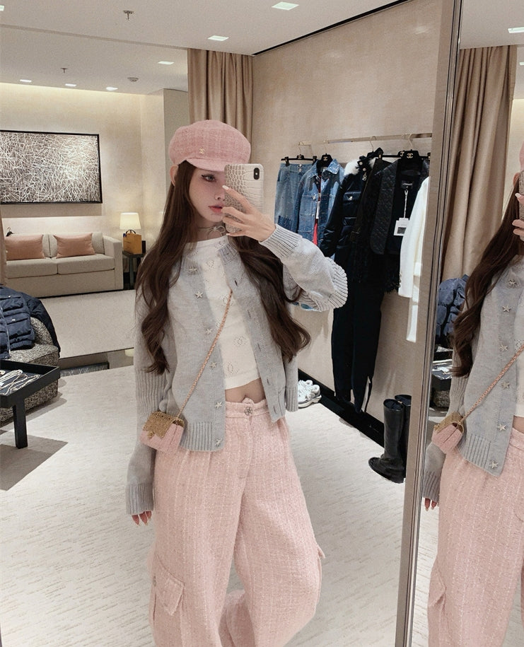 Custom Star-Shaped Rhinestone Button Knit Cardigan