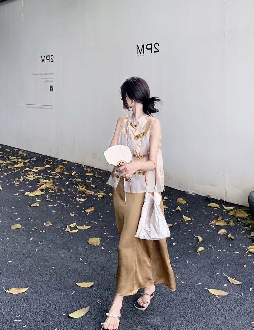 New Chinese Style Zen 2-Piece Set with Stand Collar Embroidered Top + Cami Dress