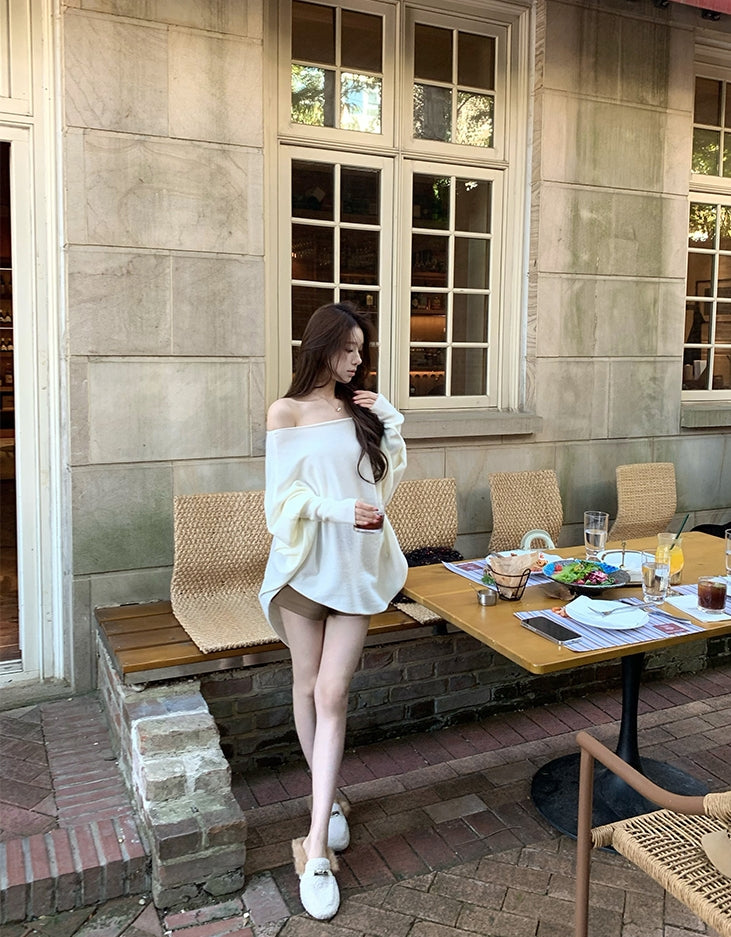 Stylish Asymmetrical Shoulder Knit Long-Sleeve Top