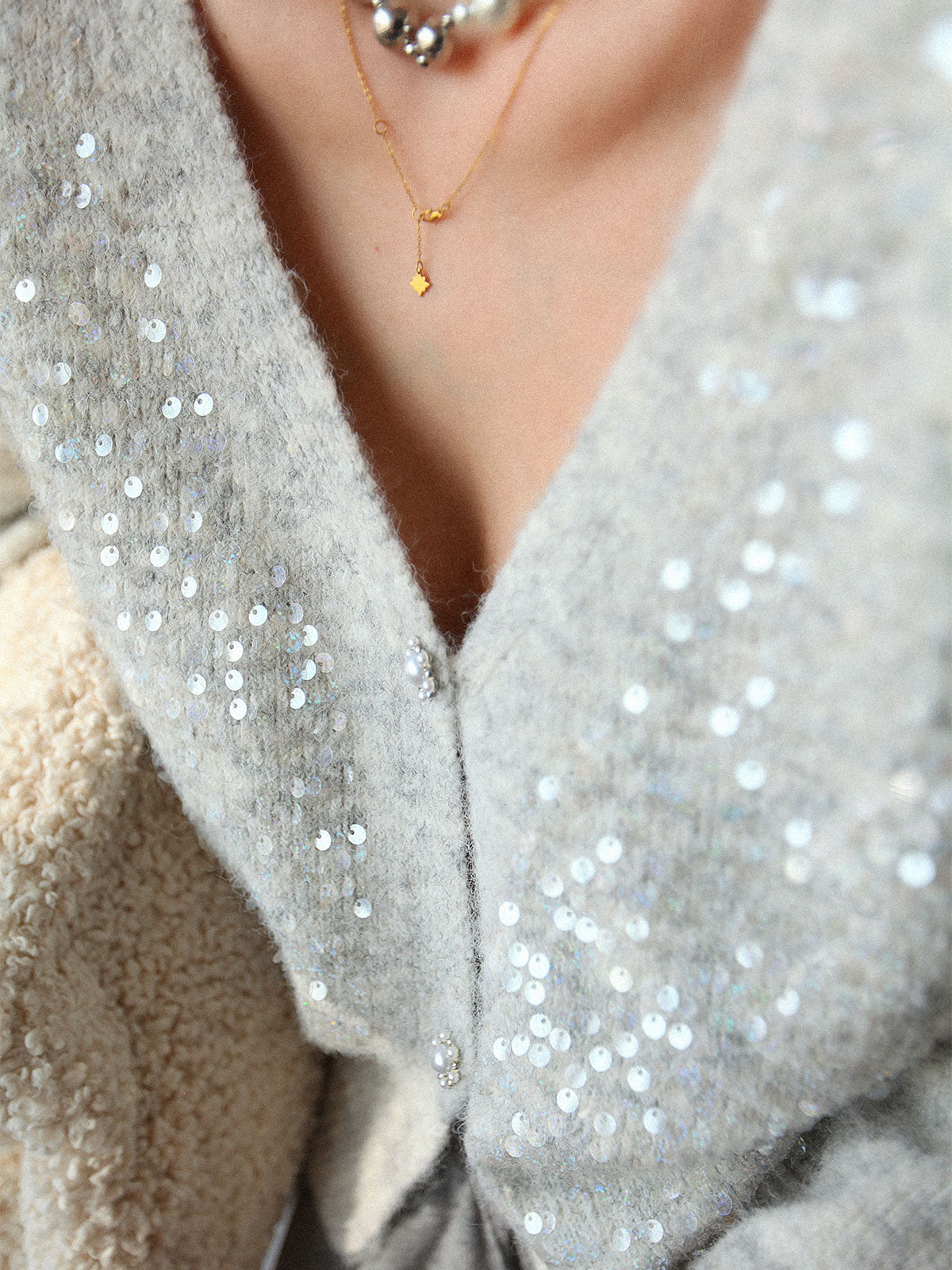 French-Style Sequin V-Neck Gray Knit Cardigan