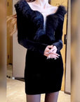 Velvet Ostrich Fur Square Collar Dress With Hip Wrap