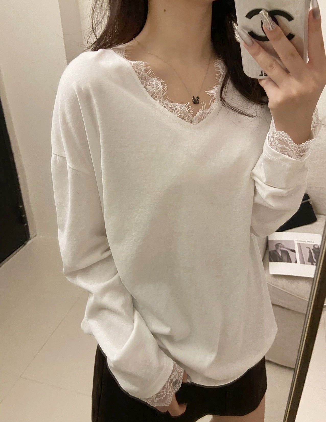 High-GSM cotton-feel V-neck tee with elegant lace trim.
