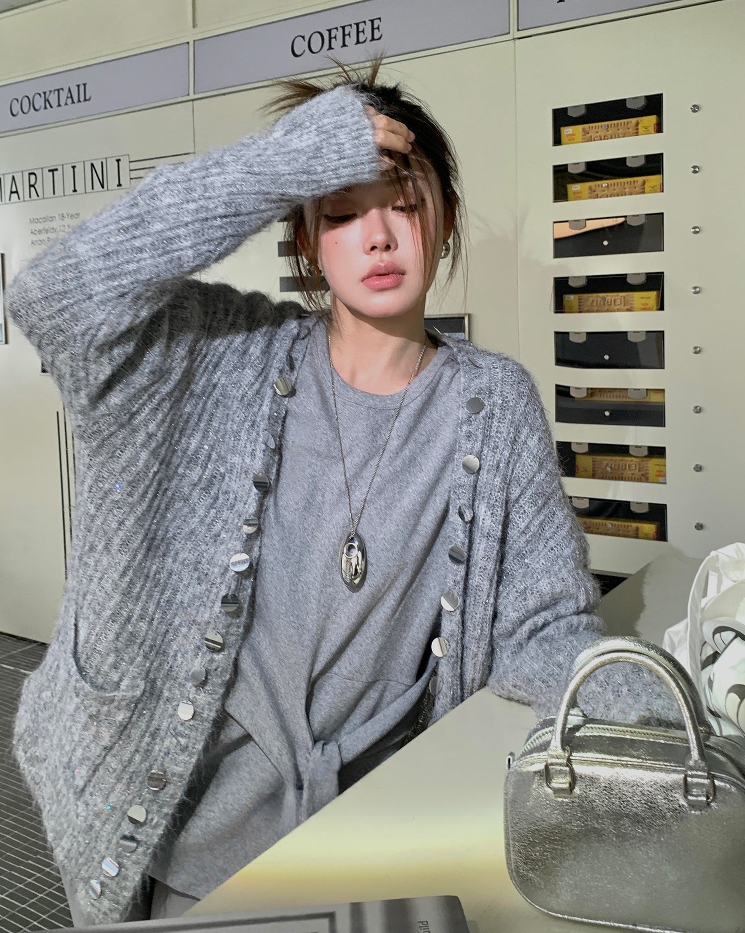 Relaxed Sequin Knit Cardigan with Sheer Details