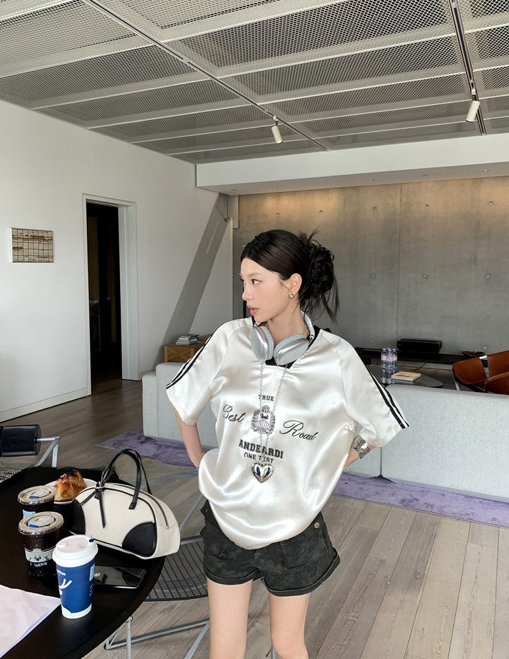 Black and White Lettering Color-Block Satin T-Shirt