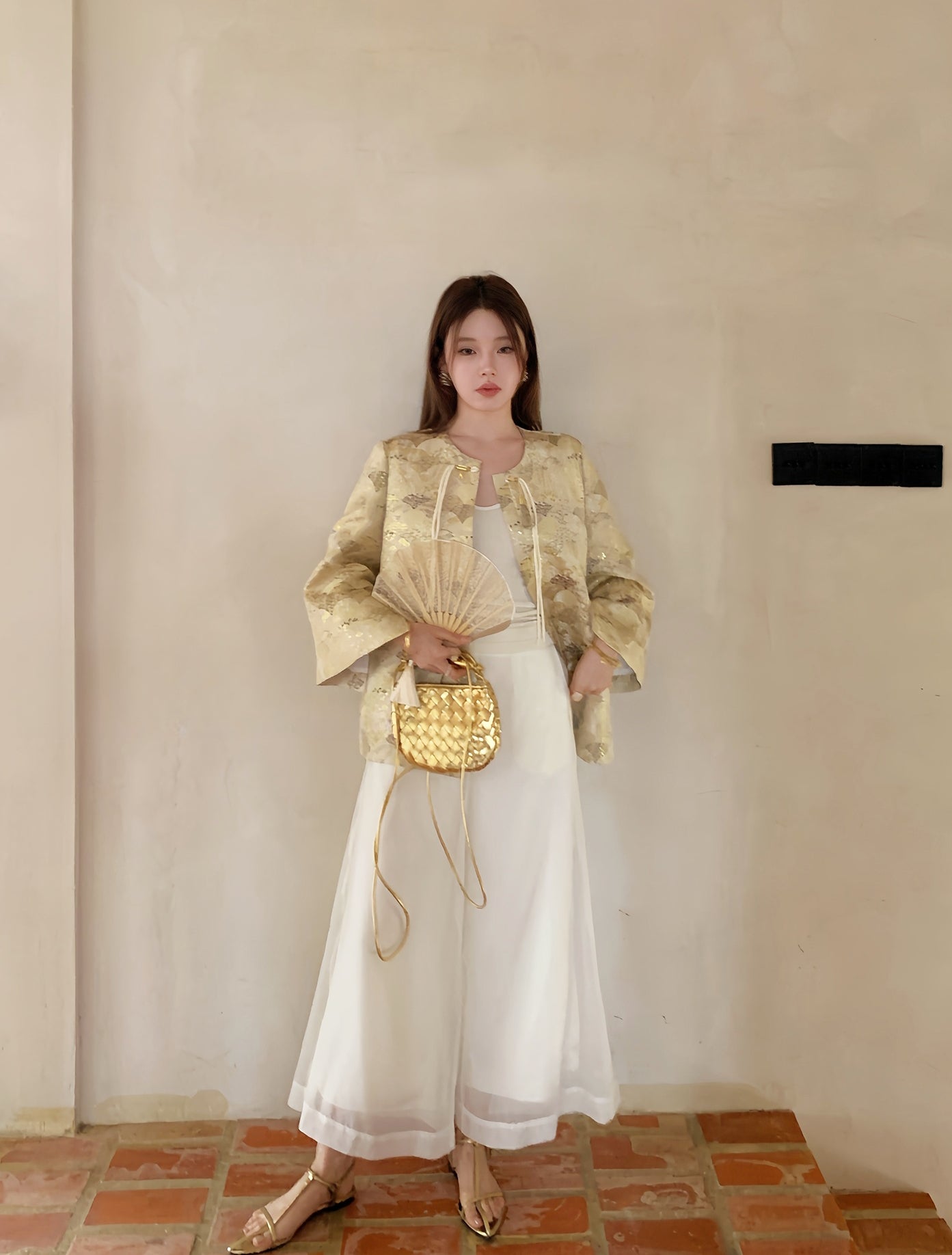 Vintage Chinese-Style Flowing Double-Layer Gauze Nine-Point Wide-Leg Culottes