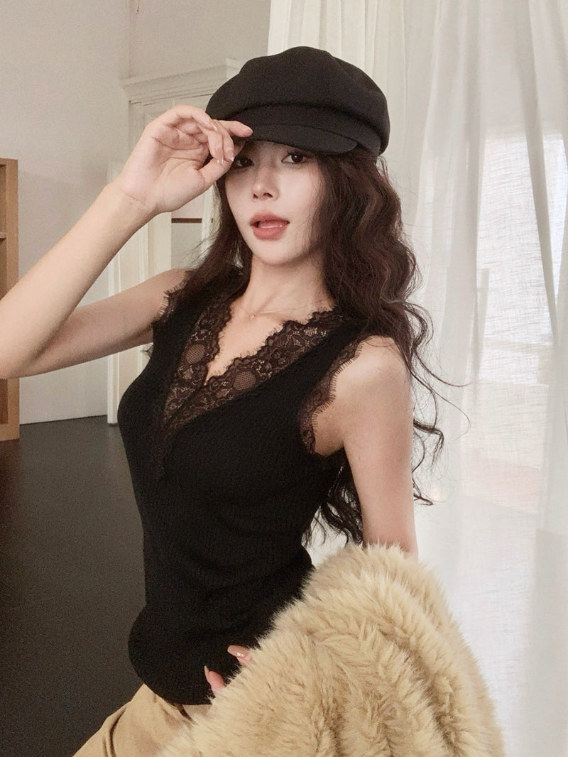 Lace Patchwork Knit Tank Top