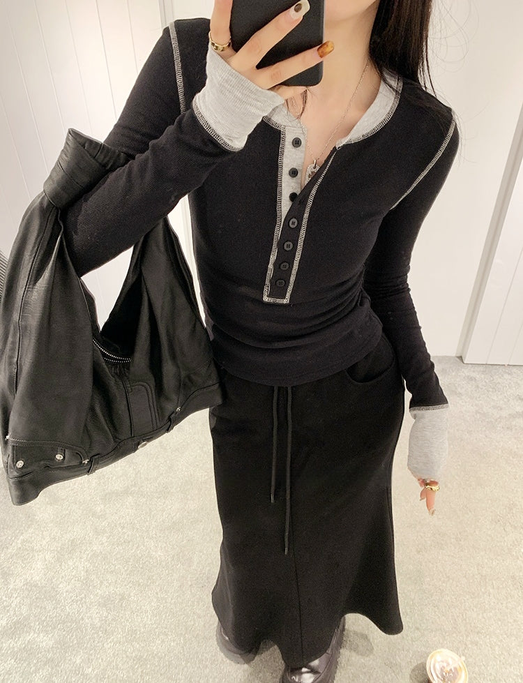 Contrast Patchwork Knit Long-Sleeve Tee
