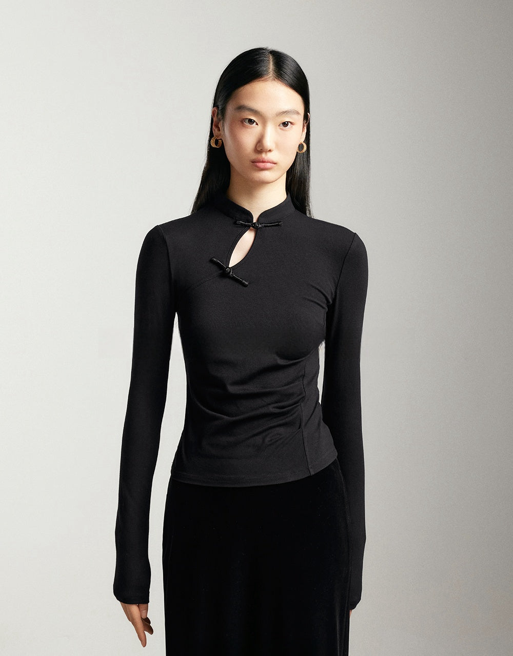 New Chinese Style Slim Fit Knit Top with Small Mandarin Collar