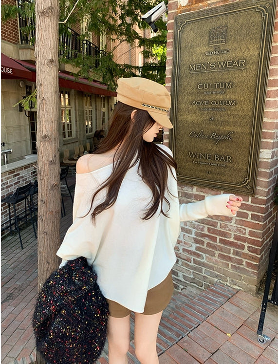 Stylish Asymmetrical Shoulder Knit Long-Sleeve Top