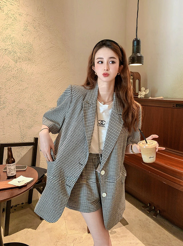 Casual Plaid Short-Sleeve Blazer