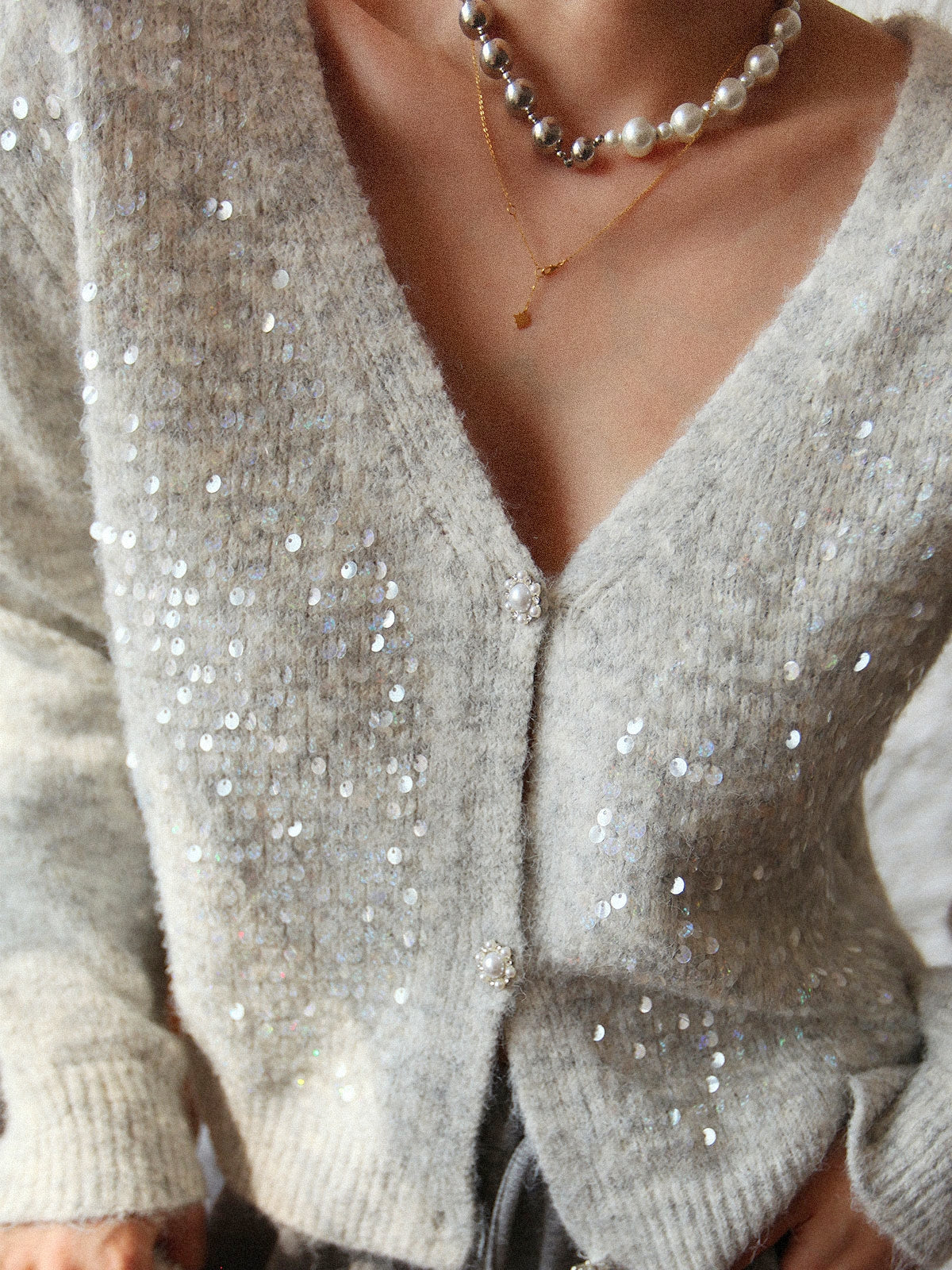 French-Style Sequin V-Neck Gray Knit Cardigan